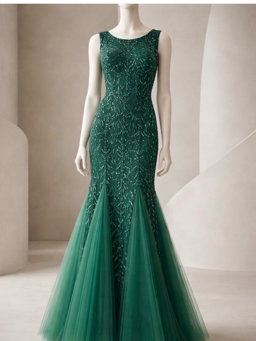 Emerald Green Beaded Mermaid Evening Dress